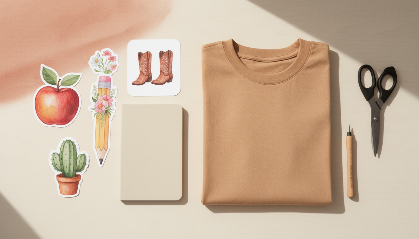 Overhead craft desk with blank shirt, teacher-themed watercolor clipart, planner, and craft supplies