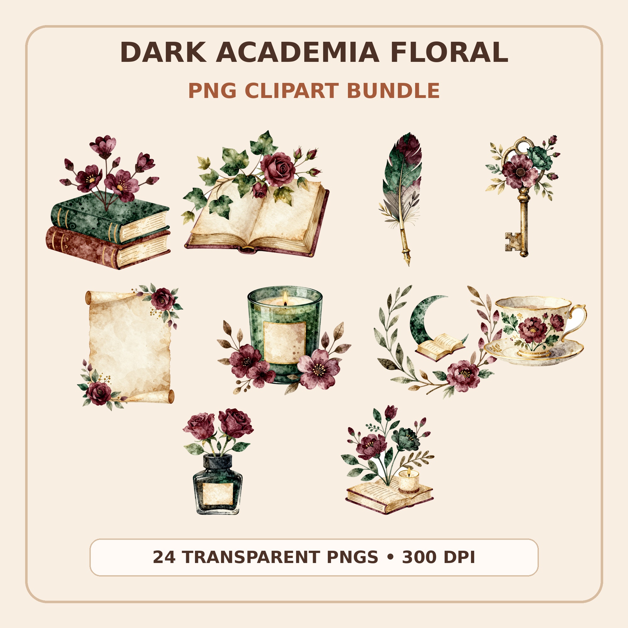 Dark Academia Floral Clipart Bundle