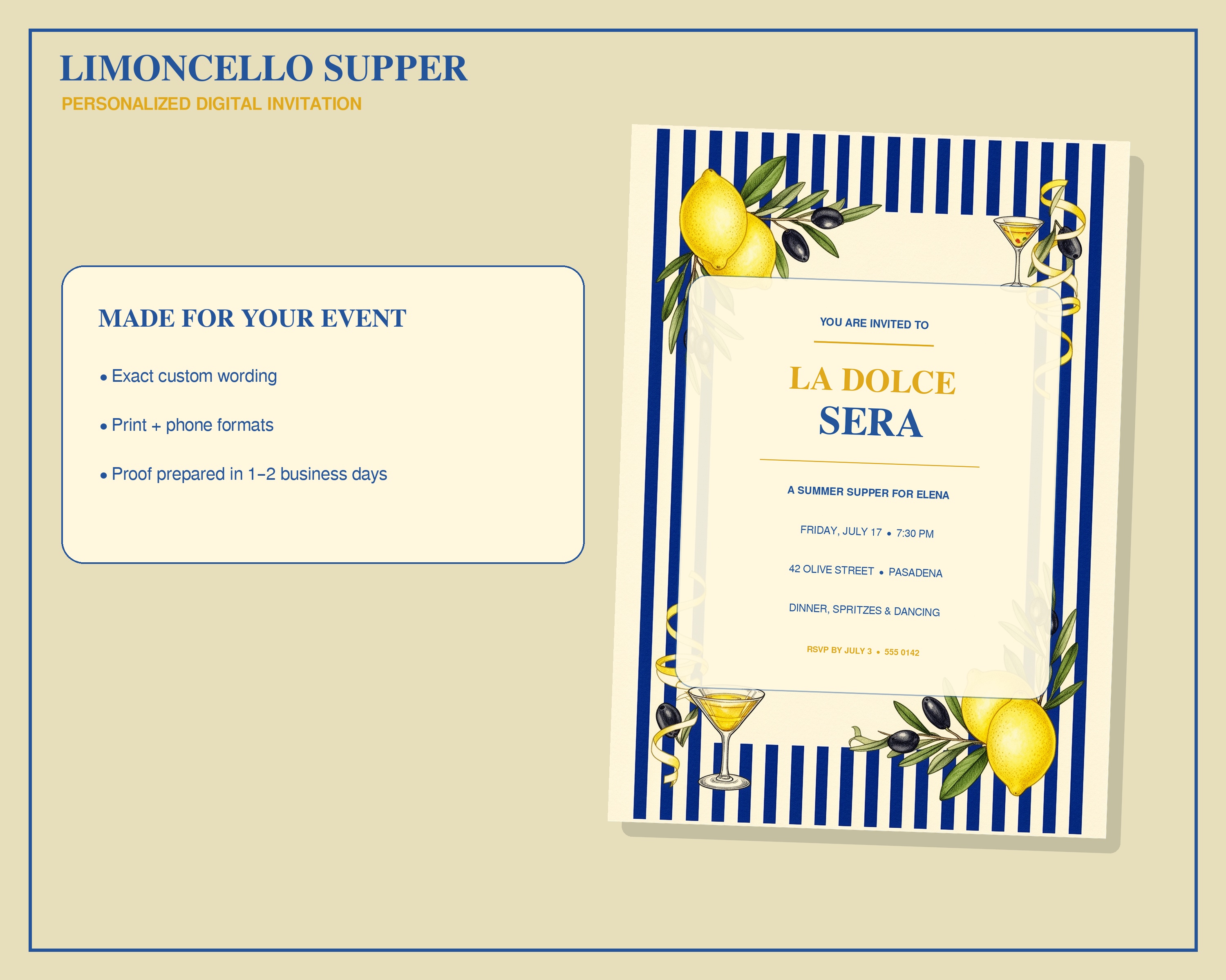 Limoncello Summer Supper personalized dinner party invitation
