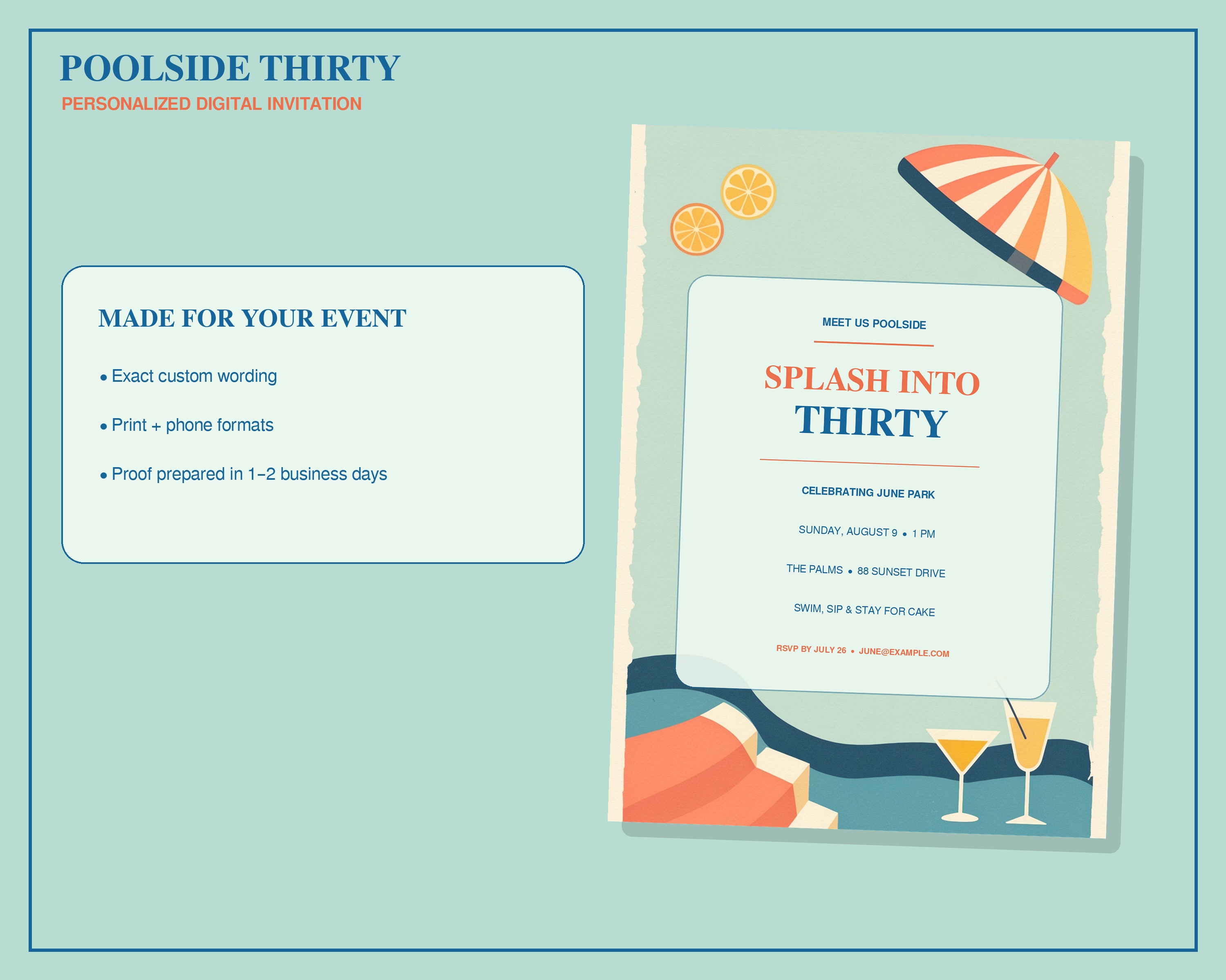 Poolside Thirty personalized 30th birthday invitation
